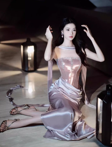 Purple Exquisite Beaded Sheath Strapless Corset Satin Prom Dress Party Dress with Slit HZ1023
